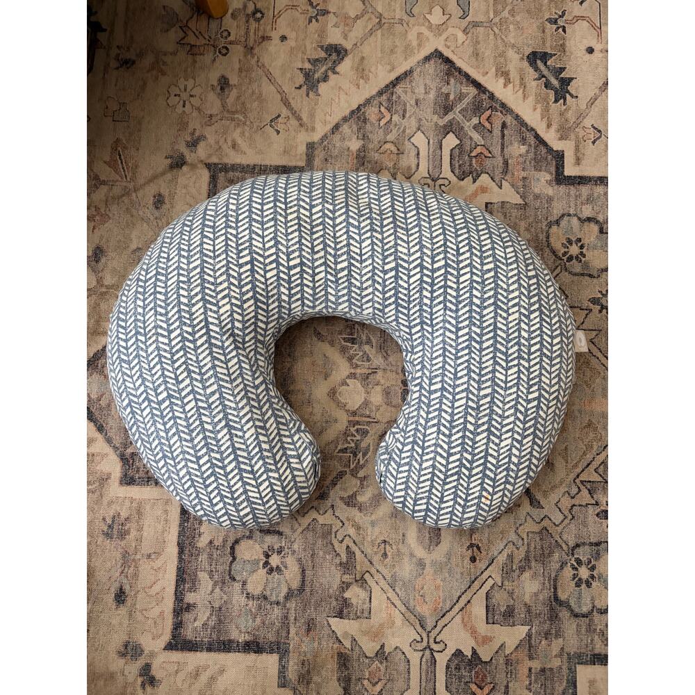 Boppy Nursing Pillow w/ Blue Herringbone Cover Excellent Condition